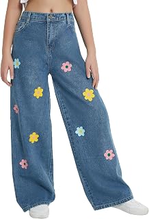 EXARUS Girls Jeans Wide Leg Baggy Pants Ripped Denim Teen 6-16Y