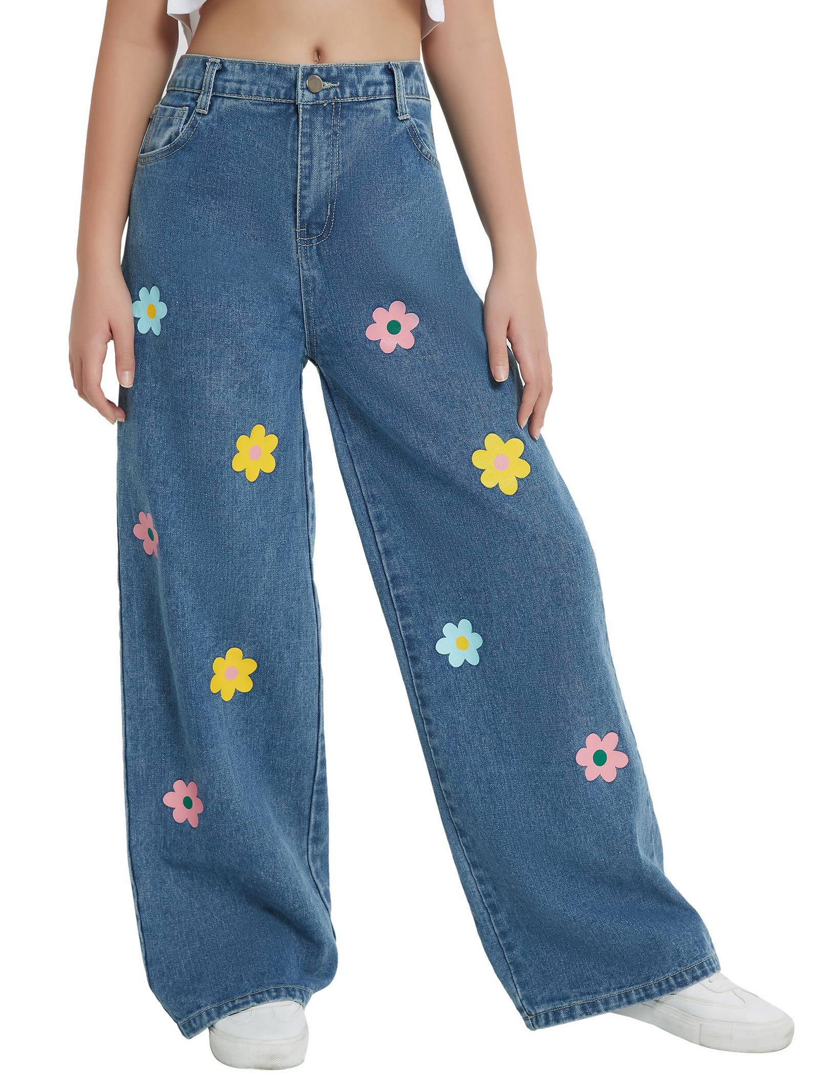 EXARUS Girls Jeans Wide Leg Baggy Pants Ripped Denim Teen 6-16Y