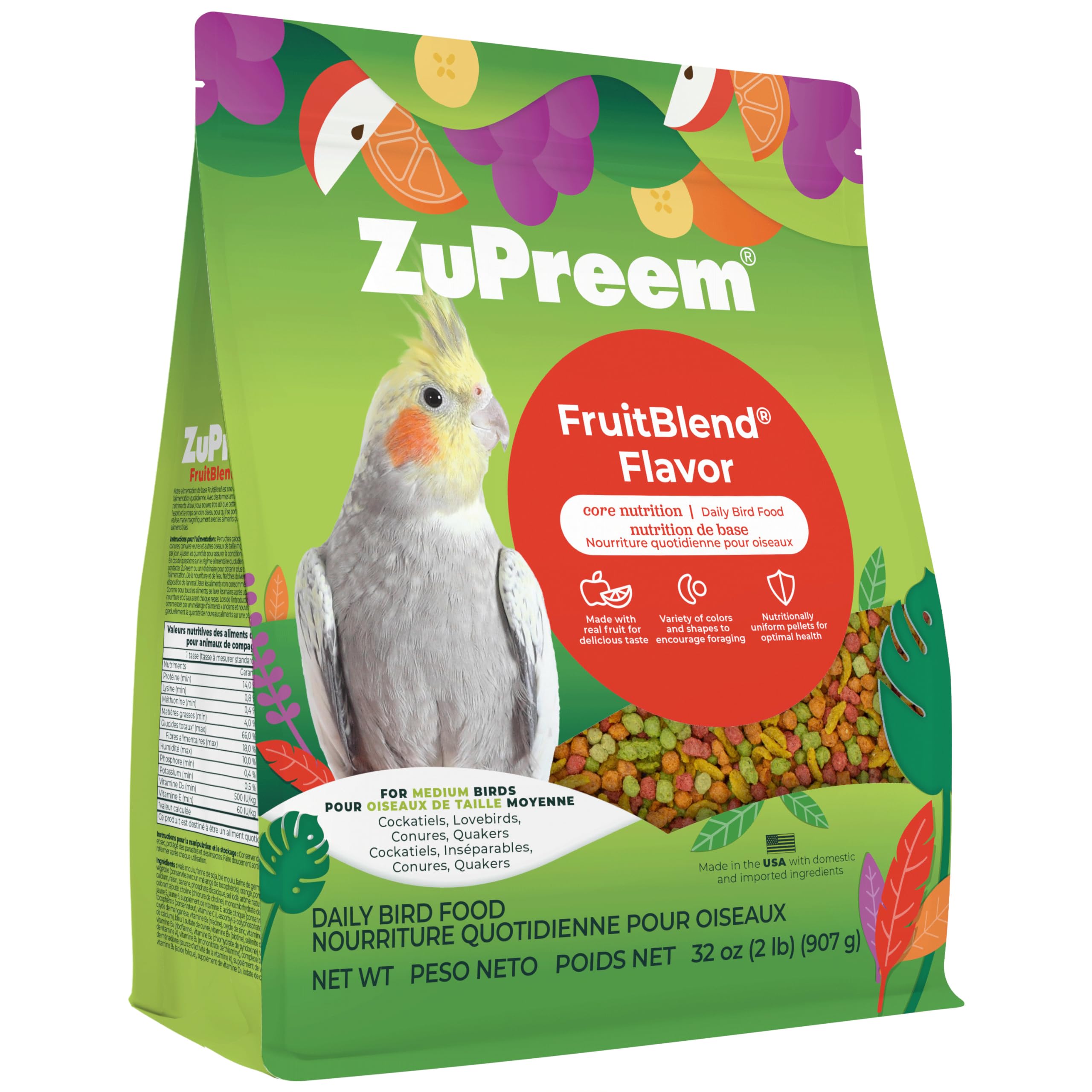 ZuPreem FruitBlend Cockatiel & Conure Food, Uniform Bird Food, M, 2 lb | Bird Fo