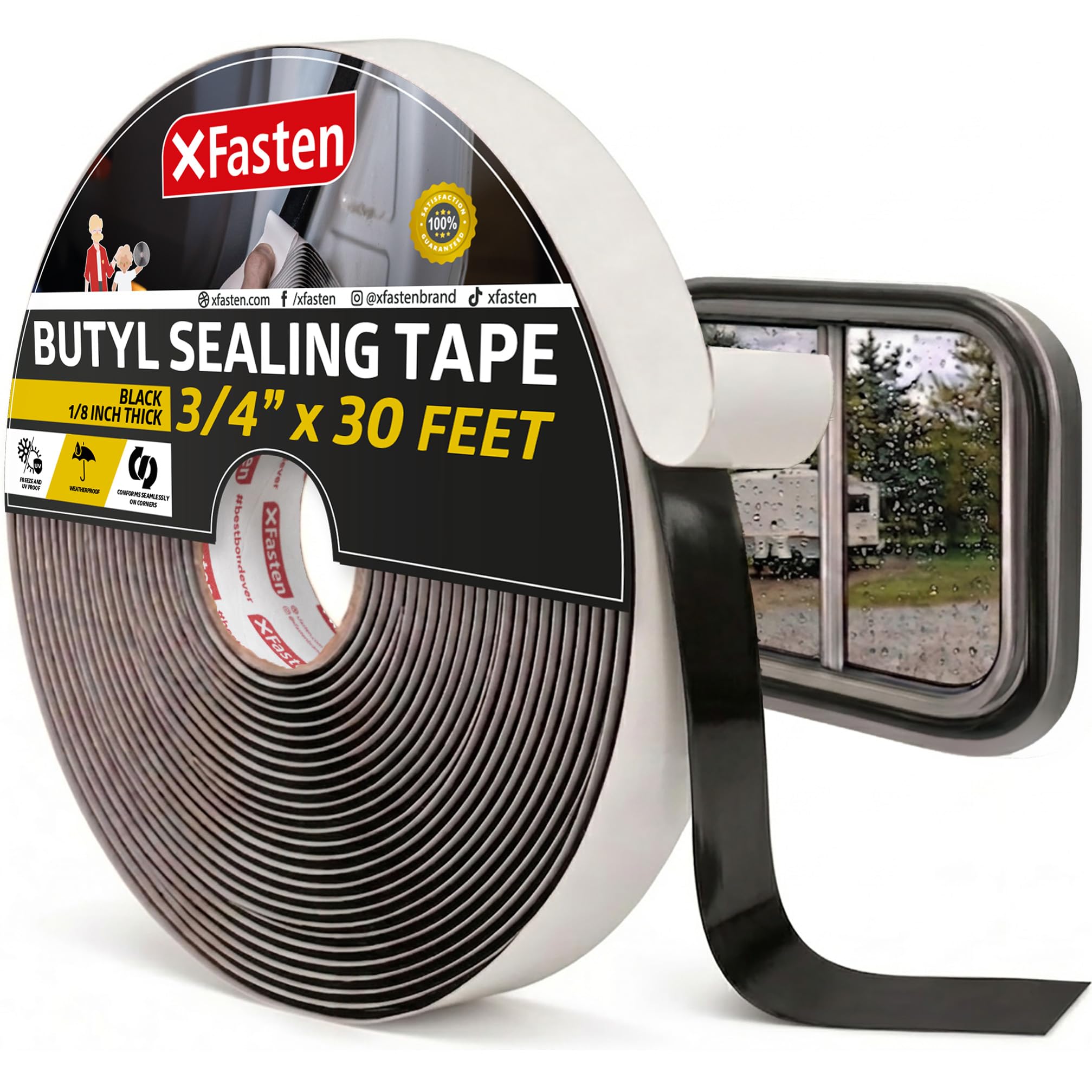 XFasten Butyl Sealing Tape, Black, 1/8-In x 3/4-In x 30-Foot Plumbers Putty, RV 