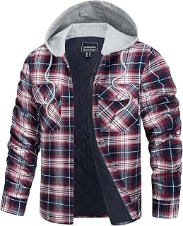 TACVASEN Men's Hooded Plaid Flannel Shacket Quilted Lined Warm Jacket