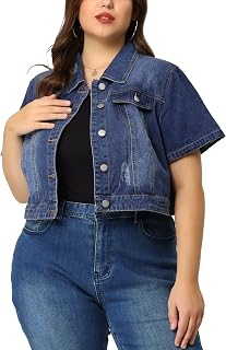 Agnes Orinda Plus Size Denim Jacket for Women Short Sleeves Button Down Cropped Jean Jackets