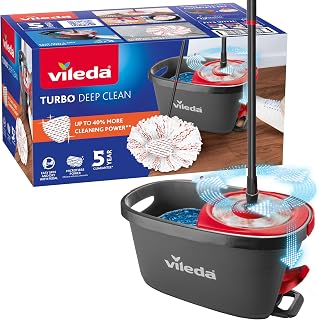 Vileda - Turbo Deep Clean Mop Kit with Pedal Mop Bucket - Effortless Floor | Telescopic handle 65-131cm, microfiber mop head with scrubbing pad, machine washable