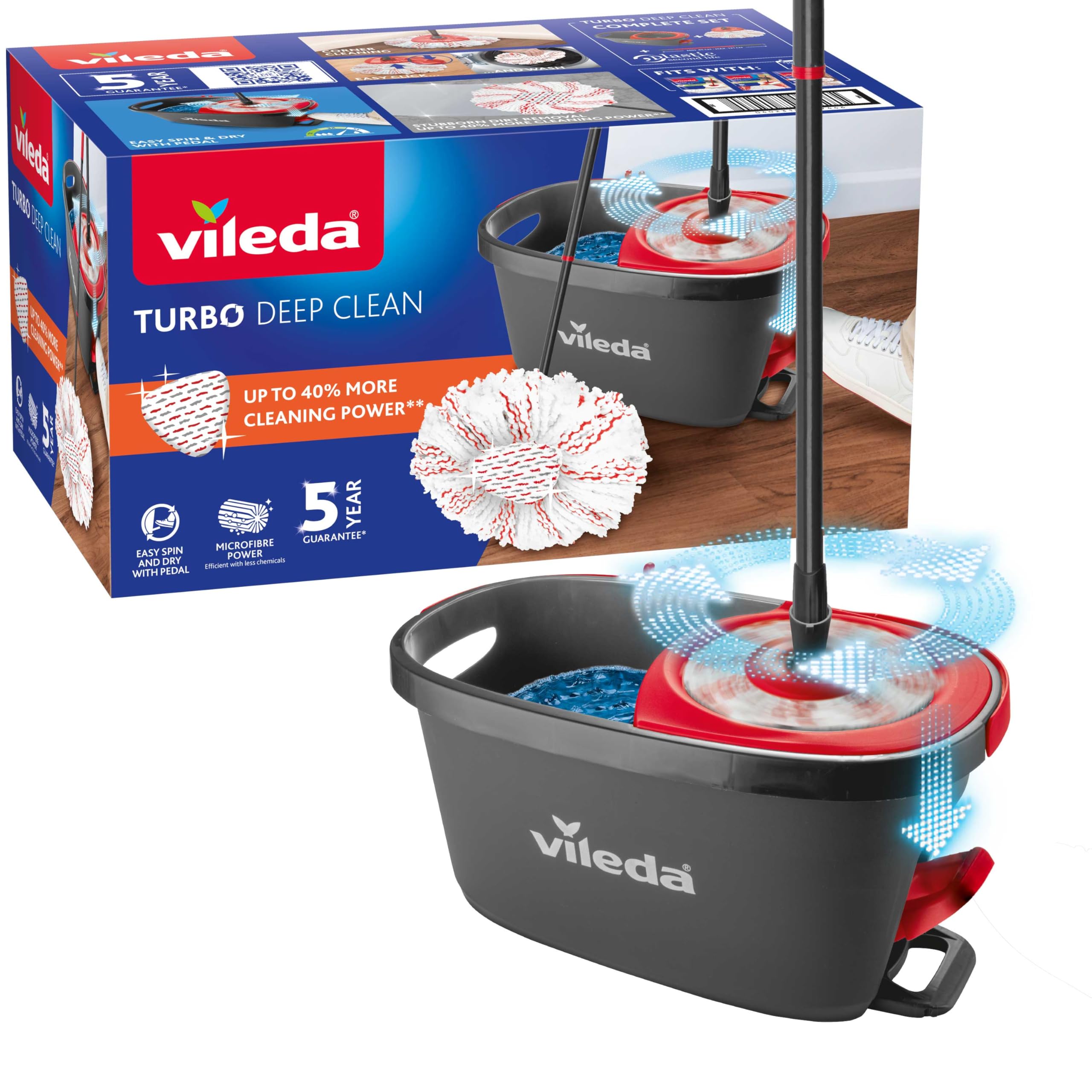 Vileda - Turbo Deep Clean Mop Kit with Pedal Mop Bucket - Effortless Floor | Tel