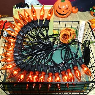 27.8Ft Orange Halloween Lights - Flickering Flame String Lights Orange Flickering String Lights with 25 +4 Pack C18 Flame Light Bulbs for Fall Halloween Decorations Indoor Outdoor Home Party Mantel