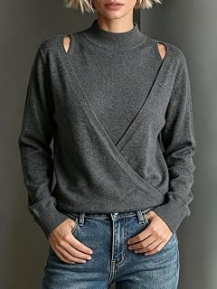 Womens Half Neck Fake Two Piece Cut Out Slimming Knitted Sweater