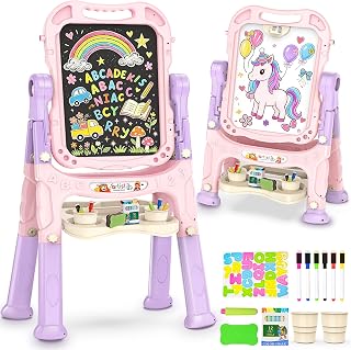 Amagoing Easel for Kids, Adjustable Standing Art Easel for Toddler, Double Side White Chalk Board with Painting Accessories, Birthday Christmas Gift for Little Girls and Boy Age 3 4 5, Pink