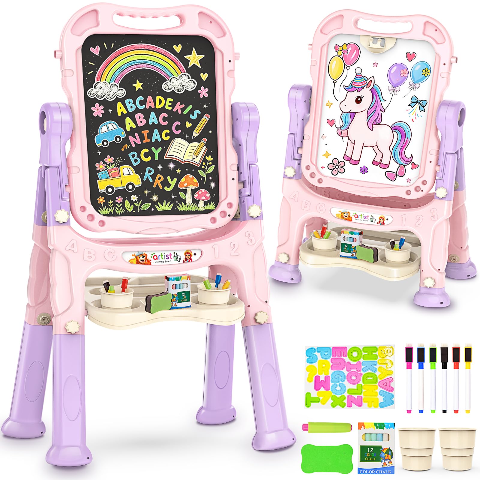 Amagoing Easel for Kids, Adjustable Standing Art Easel for Toddler, Double Side 