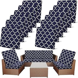 Newwiee 12 Pc Patio Stretch Cushion Covers,Navy Blue,Moroccan | Outdoor Slipcovers for Sofa Couch Chair Porch, Washable Replacement Seat Protector, Flexibility Fits Standard Cushions