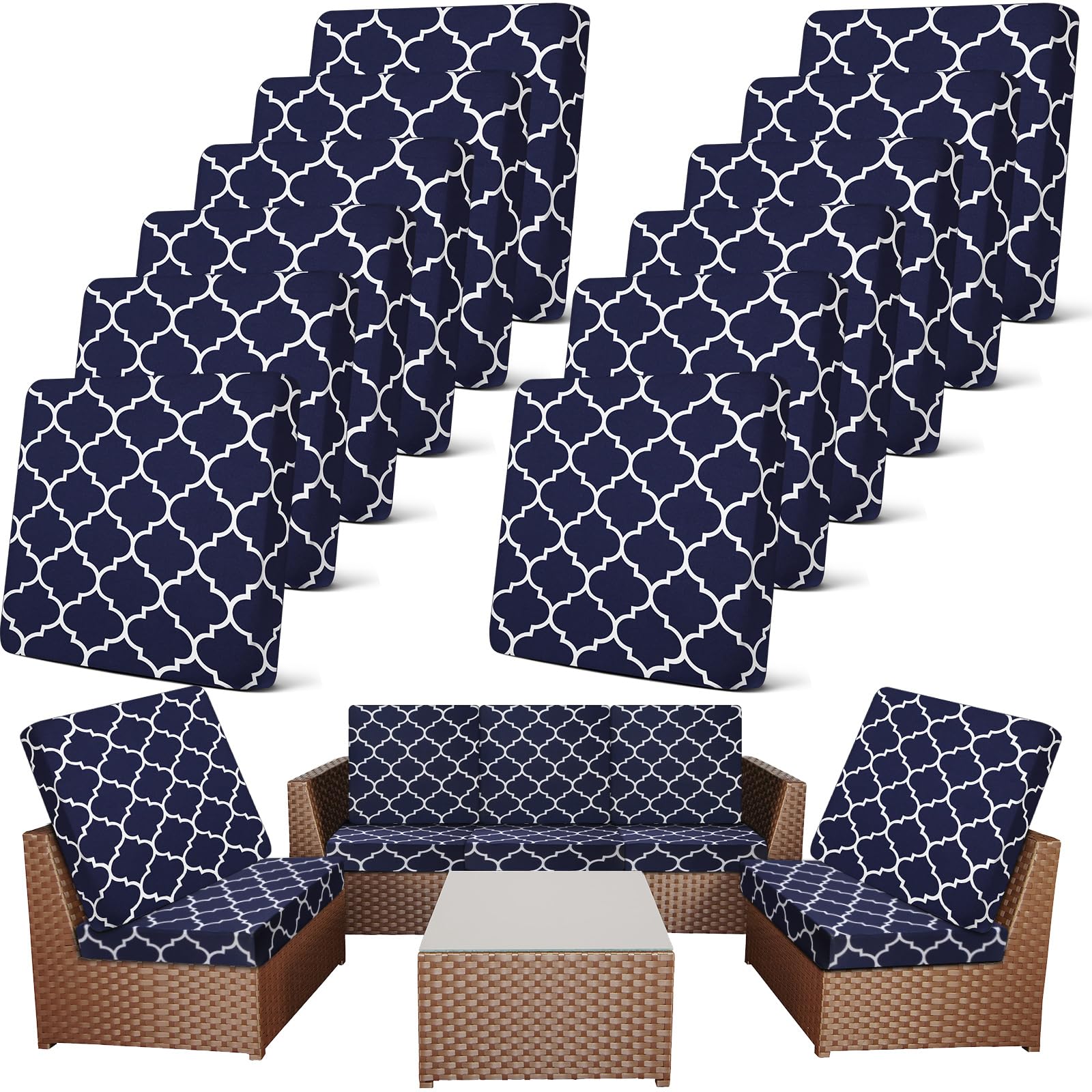 Newwiee 12 Pc Patio Stretch Cushion Covers,Navy Blue,Moroccan | Outdoor Slipcove