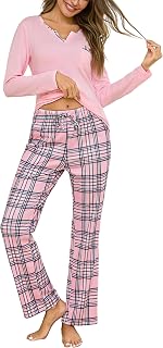 Bresdk Women's Long Pyjama Set, Cotton, Checked Sleepwear