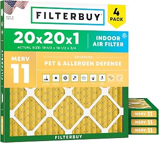Filterbuy 20x20x1 Air Filter MERV 11 Pet & Allergy Defense (4-Pack) | Electrostatic Pleated HVAC AC Furnace Filters Replacement, Made in USA (Actual Size: 19.50 x 19.50 x 0.75)