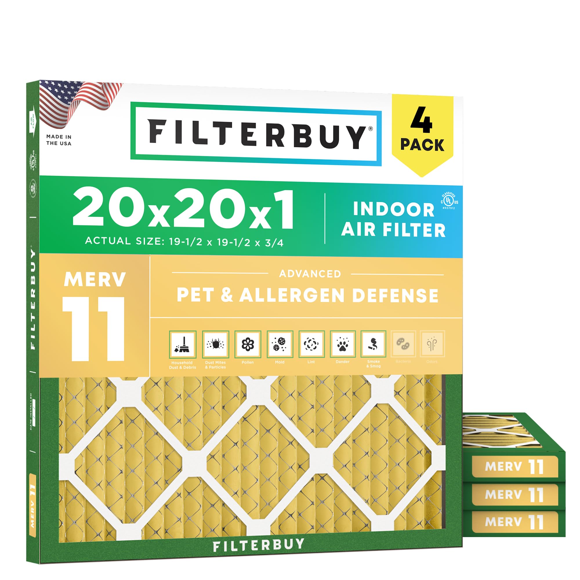 Filterbuy 20x20x1 Air Filter MERV 11 Pet & Allergy Defense (4-Pack) | Electrosta