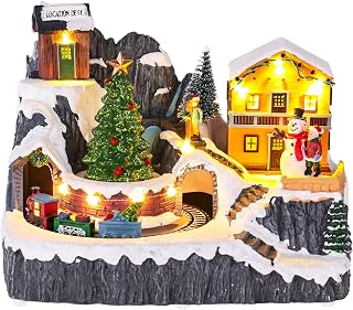 MEETYAMOR Christmas Village, Lighted Christmas Village Houses Set with Moving Train & Trees Figurines, Winter Snowy Christmas Town Scene for Home Indoor Mantel Tabletop Collection Buildings Decor