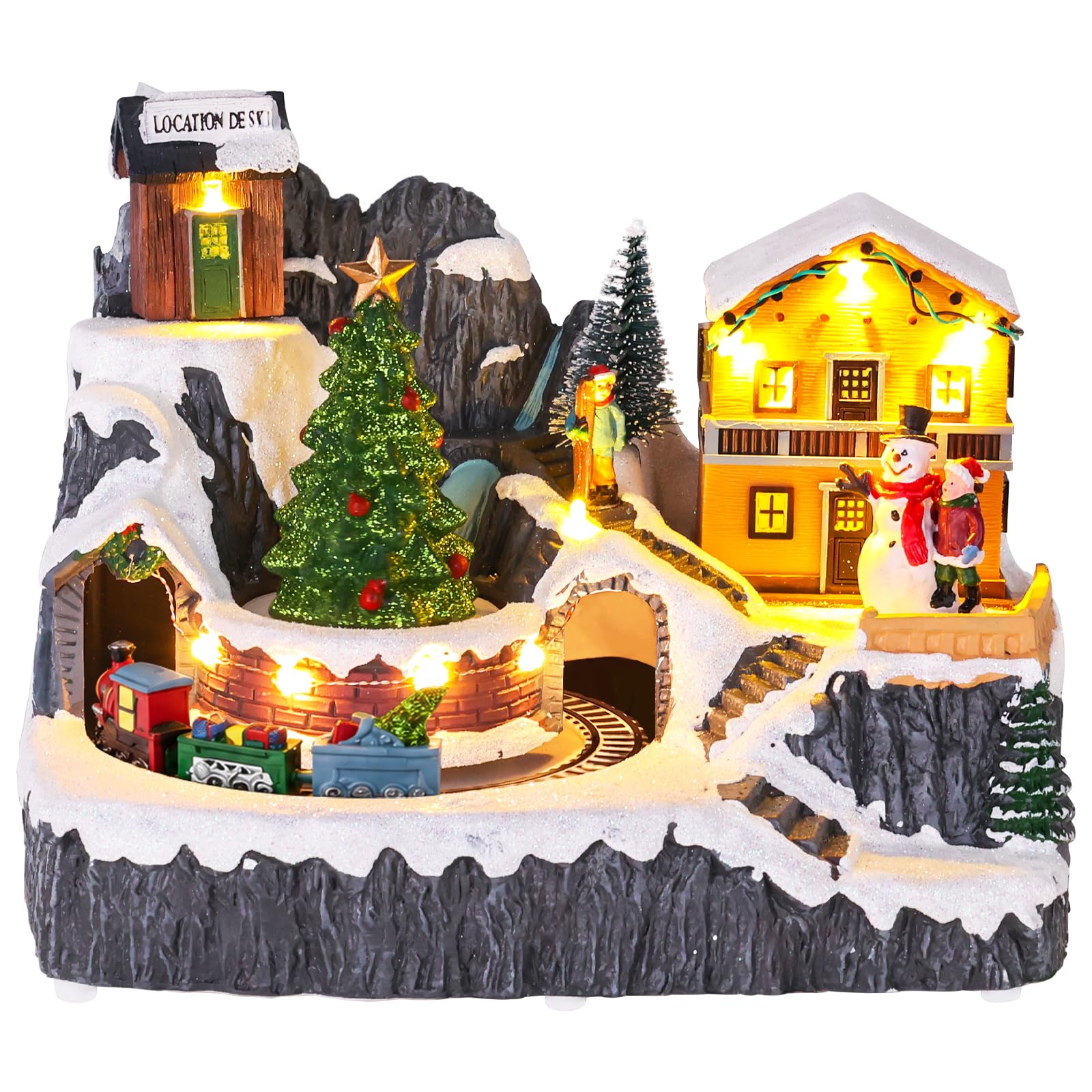 MEETYAMOR Christmas Village, Lighted Christmas Village Houses Set with Moving Tr