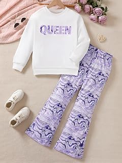 Girls 2 Piece Set Queen Graphic Sweatshirt & Marble Print Flared Trousers Size 8-12 Years