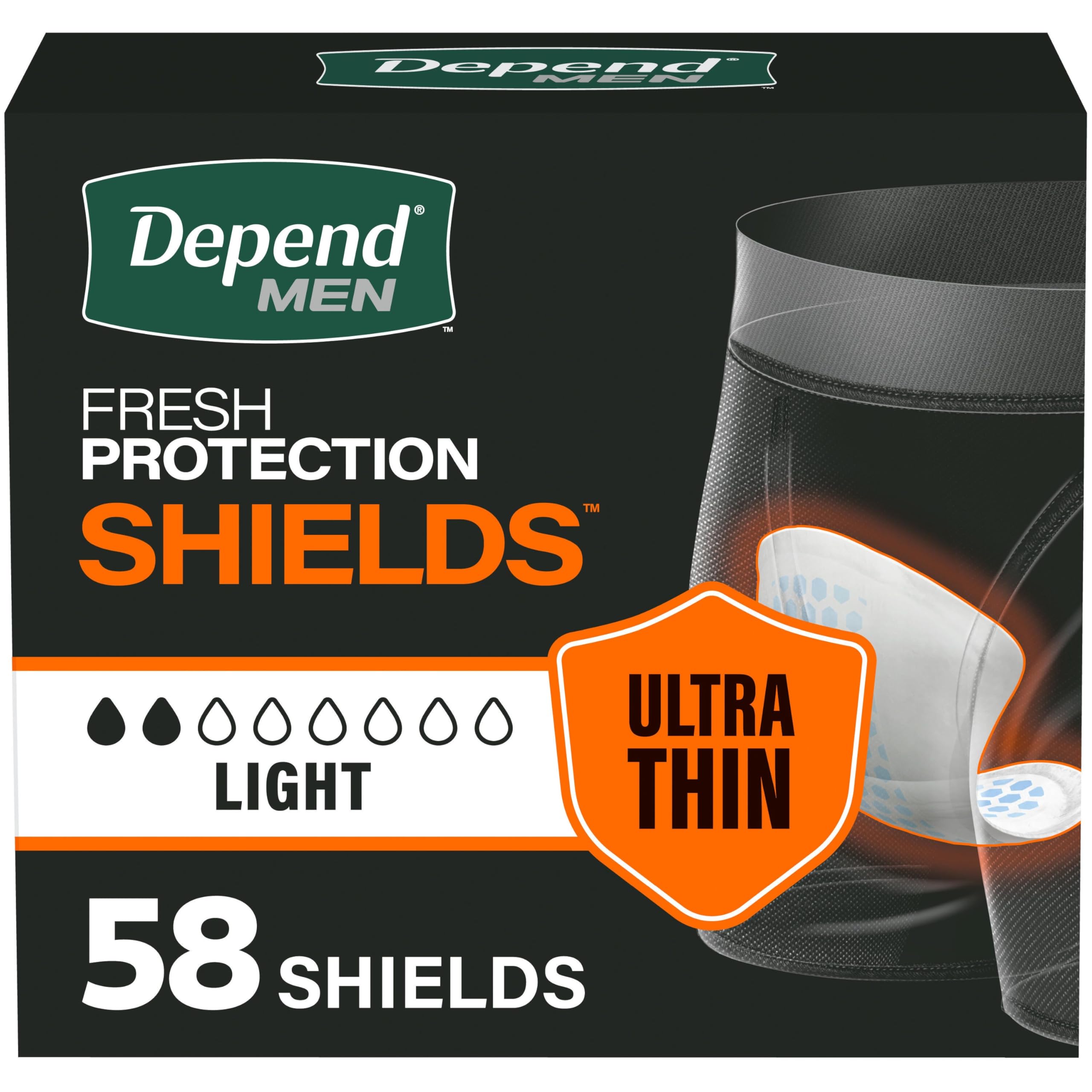 Depend Incontinence Shields for Men, Light Absorbency Disposable Pads, 58 Count