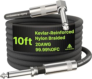 Guitar Cable 10 ft/3m, 20AWG 99.99% OFC Straight Instrument Cable Kevlar-Reinforced Heavy-Duty Nylon Braided, Heat-Shrink Protected 1/4 Inch Cord, Shielded Amp Cord for Fender Electric Guitar