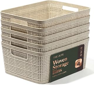 BINO | Woven Plastic Basket | Small (Natural), 5-Pack | THE JUTE COLLECTION | Home Organization, Space - Saving Storage, Stylish Design | Jute Basket | Plastic Storage Basket