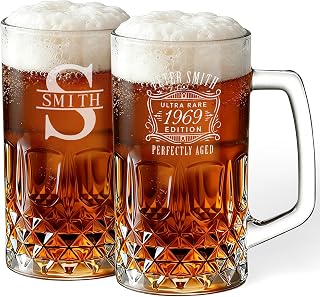 Phexilo Personalized 20oz Large Beer Mug, Custom with Engraved Name & Text | Customized Clear Large Beer Steins for Tea, Coffee, Lead-Free Glasses Oktoberfest Style, Best Gifts for Men Husband or Friend