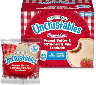 Smucker’s Uncrustables Peanut Butter & Strawberry Jam Frozen Sandwiches, 10 | 2-oz. sandwiches, Fridge Friendly for up to 5 days, Unbeatably Soft Bread baked with no artificial preservatives