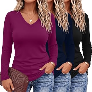 Evervibe 3 Pack Women's Plus Size Shirts Long Sleeve V Neck Tops