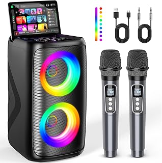 Exssary Karaoke Machine for Adults Kids, Portable Bluetooth Party Speaker with 2 Wireless Karaoke Microphones, LED Lights & Echo Adjustment TWS Mode PA System Family Home Party Birthday Gifts