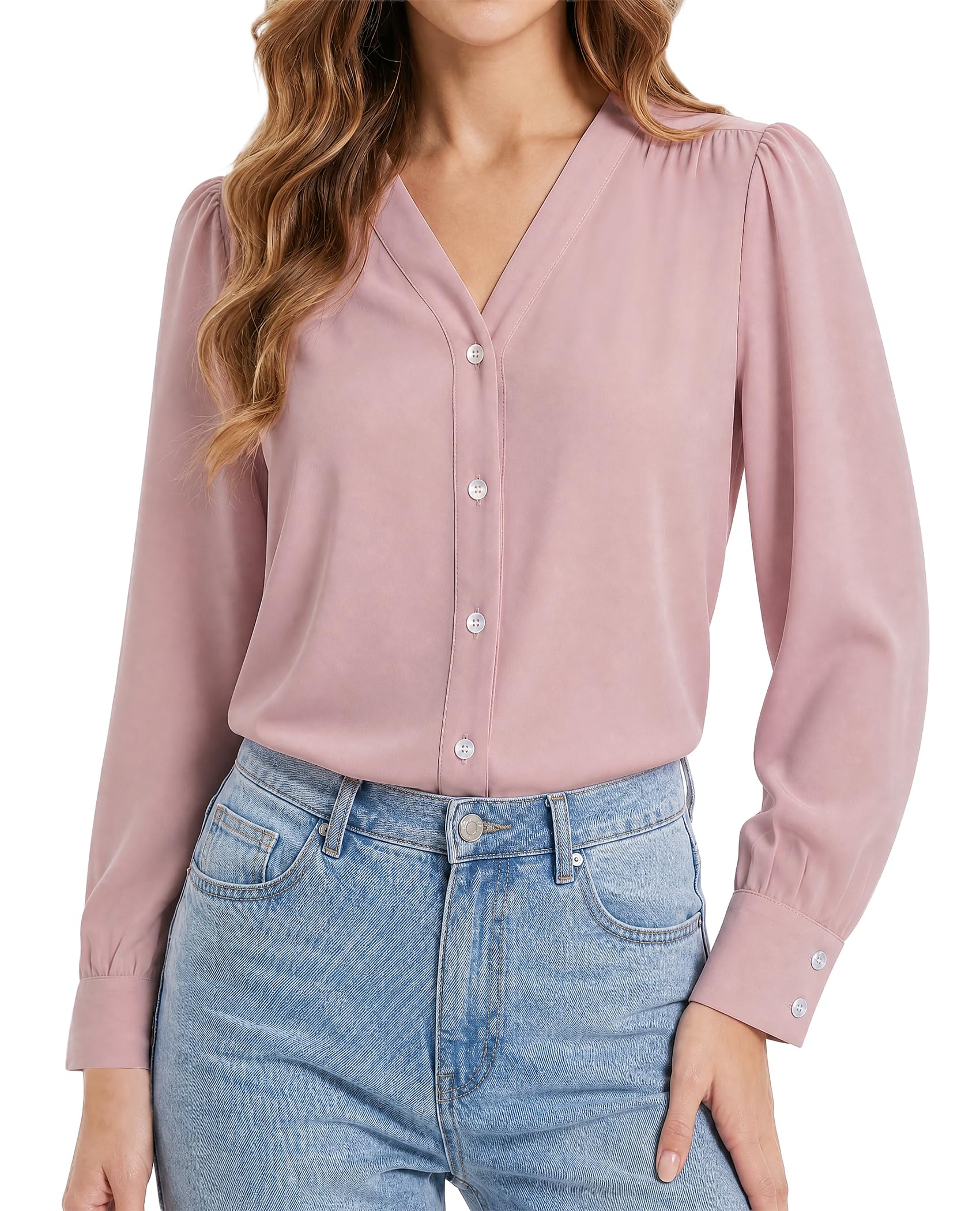 Enmain Womens Long Sleeve V Neck Blouse Ladies Chiffon Smart Shirt