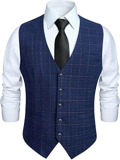HISDERN Mens Burnt Orange Waistcoat Wedding Formal Cotton Plaid Classic Check Party Business Suit Vest