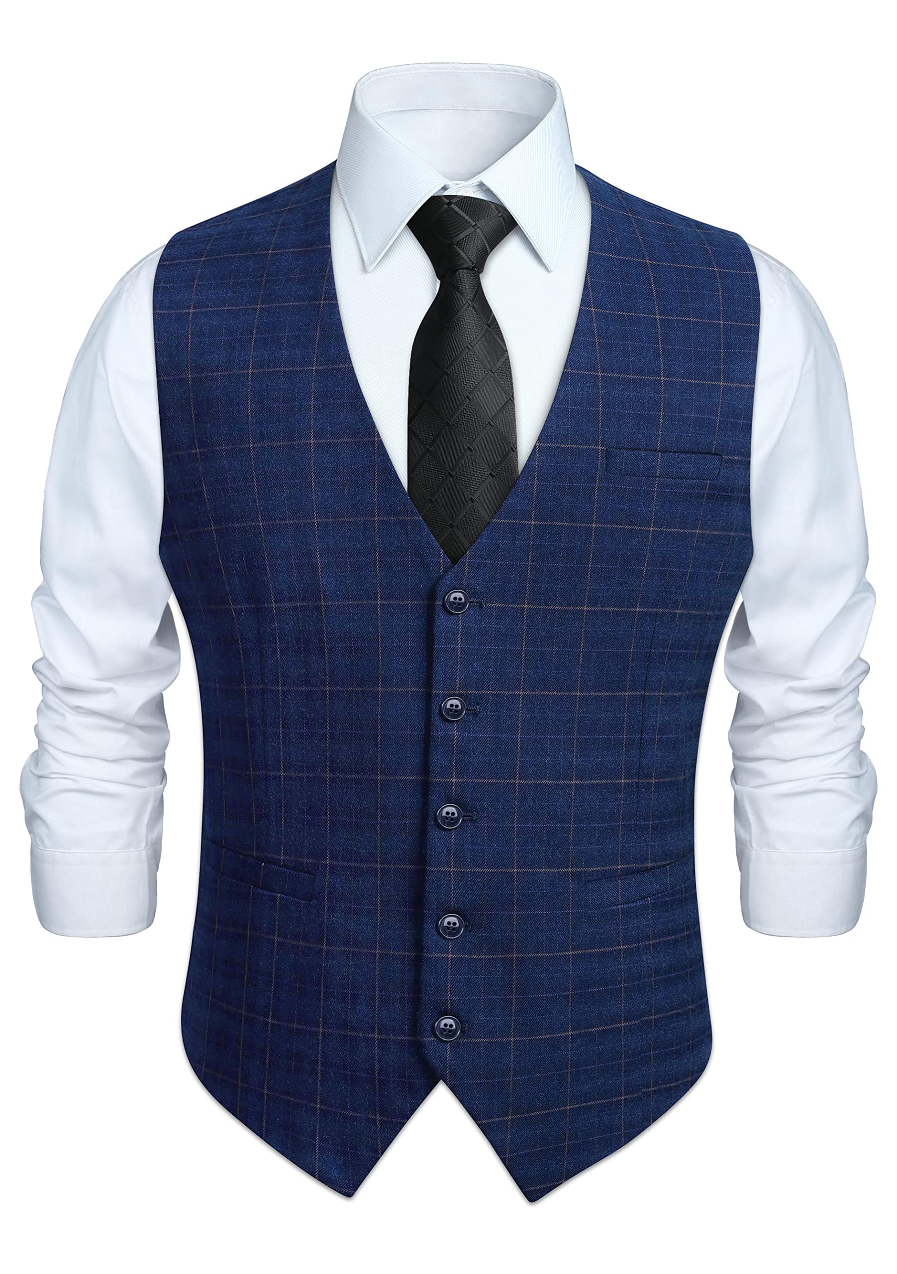 HISDERN Mens Burnt Orange Waistcoat Wedding Formal Cotton Plaid Classic Check Pa