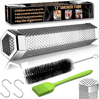 Smoke Tube for Pellet Smoker, 12'' Smoker Tube for Pellet Grill - Hot or Cold Smoker Accessories for Electric Gas Charcoal Grilling, Premium Stainless Steel Portable Barbecue Smoking Tube, Bonus Brush