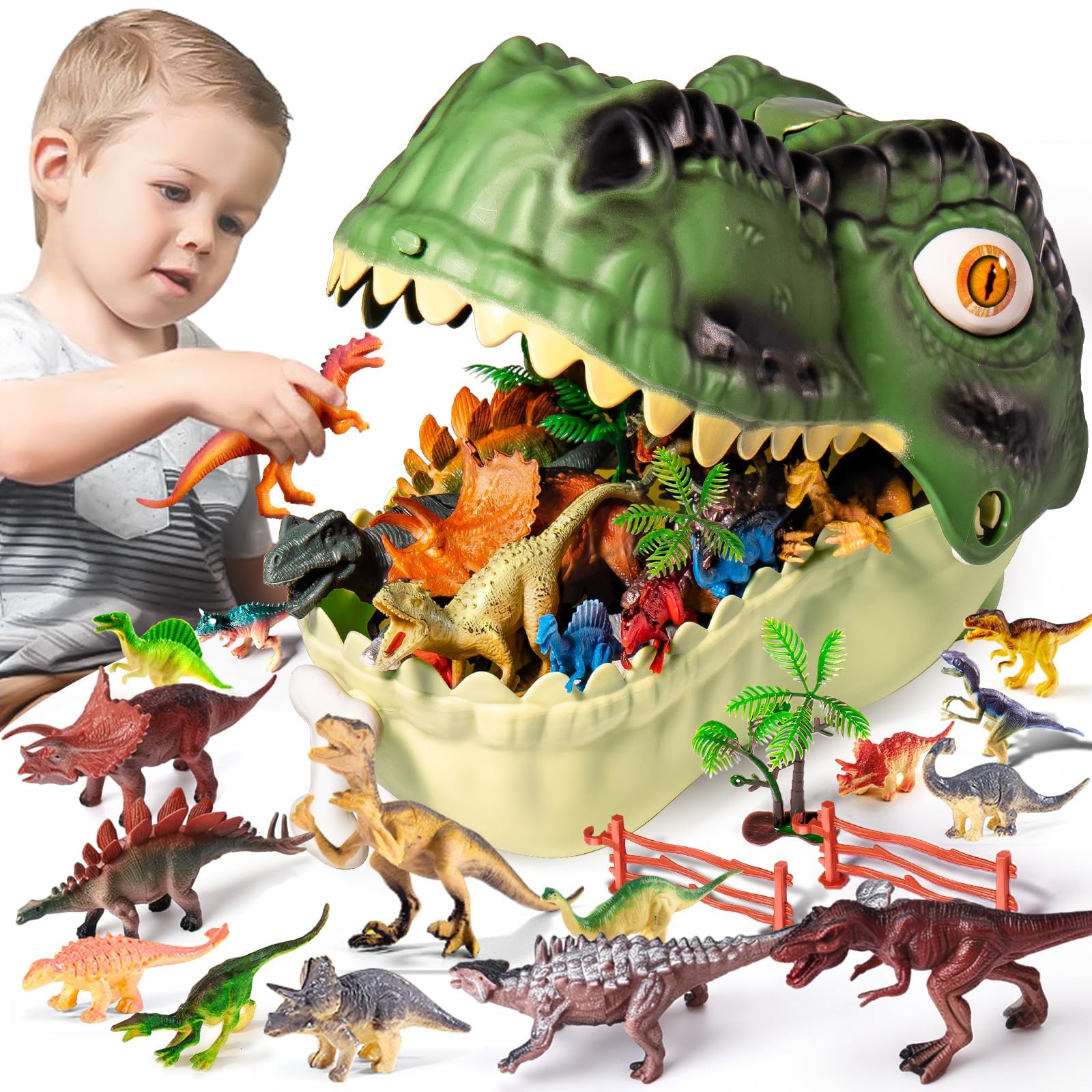 RISUNTOY Dinosaur Toys Kids 3-5, 45PCS Jurassic Playset with Trees & Fence | Han