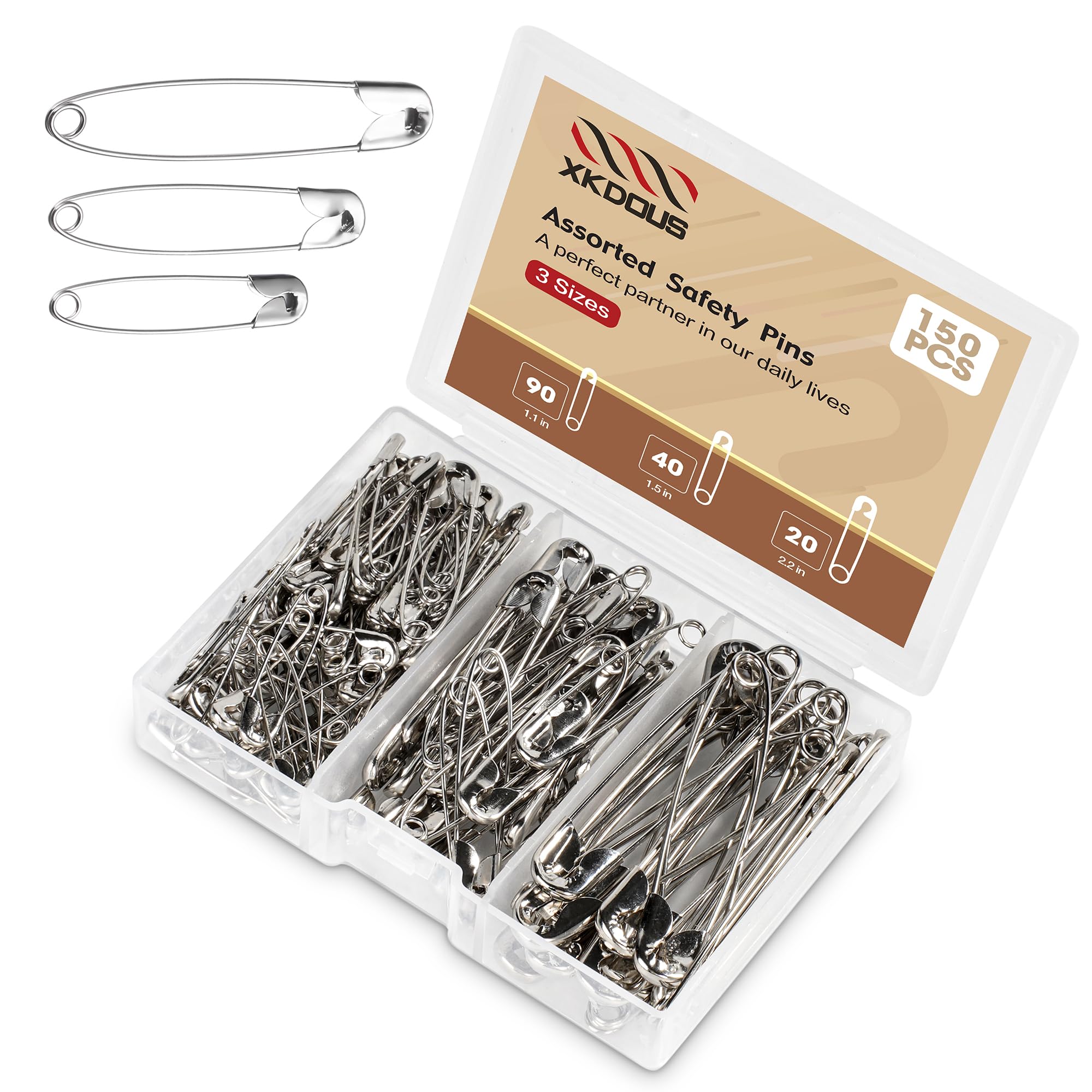 XKDOUS 150 Pack Safety Pins for Clothes 3 Universal Assorted Sizes, Silver | Sma