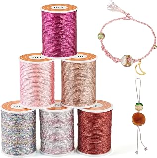 6 Rolls 42M Metallic Embroidery Thread 1mm Glitter Thread for Friendship Bracelet Sewing Bracelet Beads Knitting DIY Craft Pink