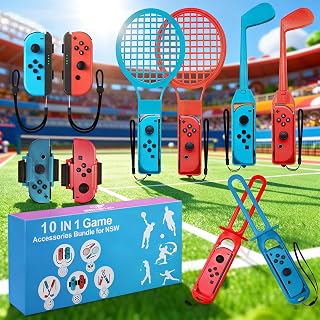 10 in 1 Accessories Kit for Nintendo Switch Sports,Family Accessories Bundle Compatible with Switch/Switch OLED Sports Games with Soccer Leg Strap,Golf Clubs ,Tennis Rackets,Swords (Red blue)