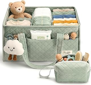 PeraBella Baby Diaper Caddy Organizer, Baby Basket Shower Gift, Portable Changing Table Basket, Postpartum Caddy &amp; Tote Bag Pouch, Newborn Boy &amp; Girl Nursery Essentials Registry, Car Diaper Organizer