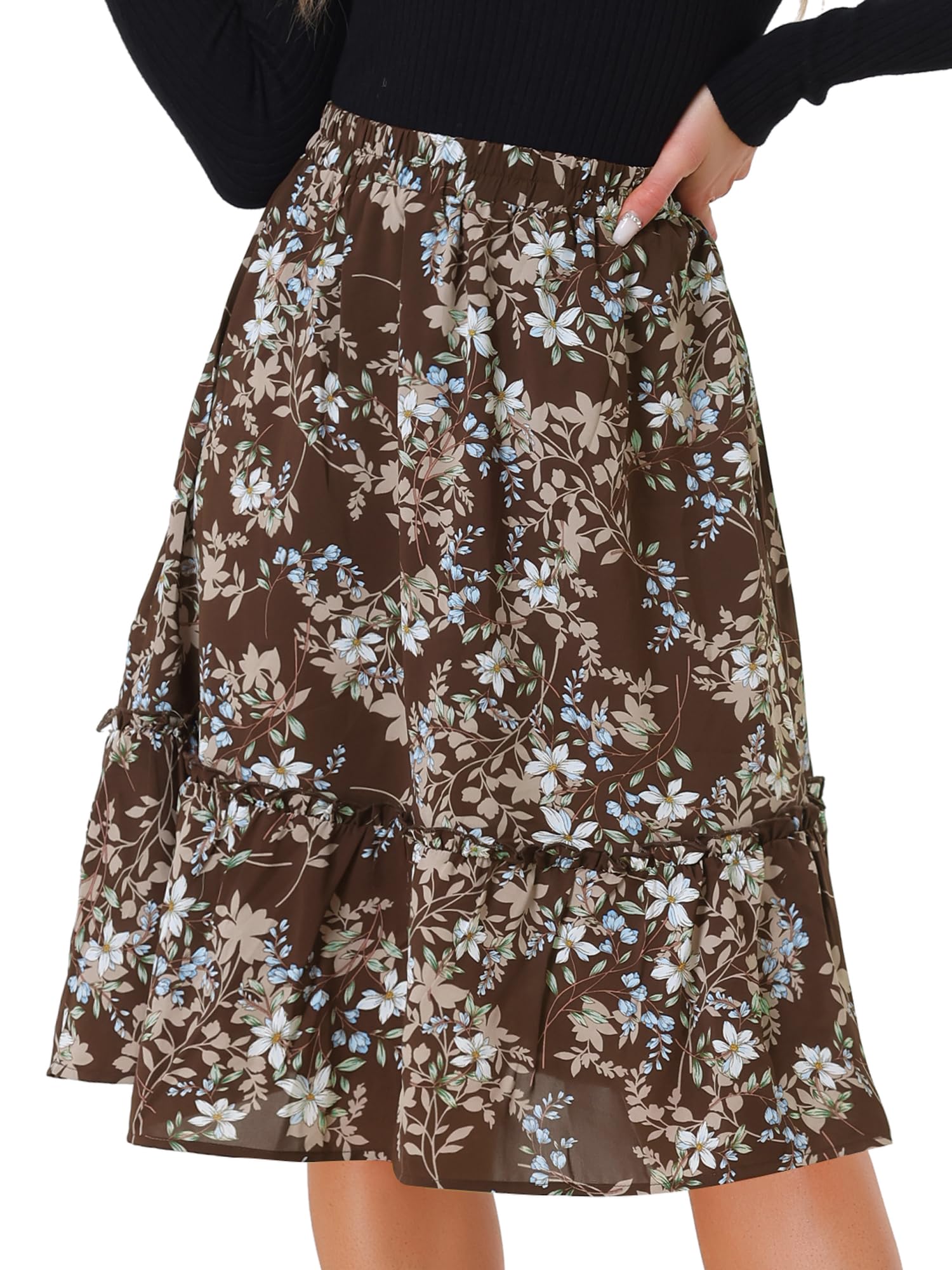 Allegra K Women's Knee Length Skirt Floral Elastic Waist Flowy Tiered A-Line Ruf