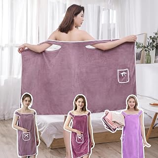 Body Wrap Bath Towel, Spa Towel, Bath Towel for Shower with Pocket, Soft Coral Velvet Knee Length, Lightweight, 79 x 135 cm, Purple Bean Paste