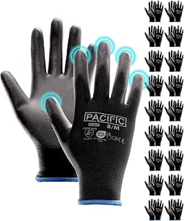 PACIFIC PPE 18 Pairs Work Gloves, PU Coated Seamless Knit Gloves, Black, M