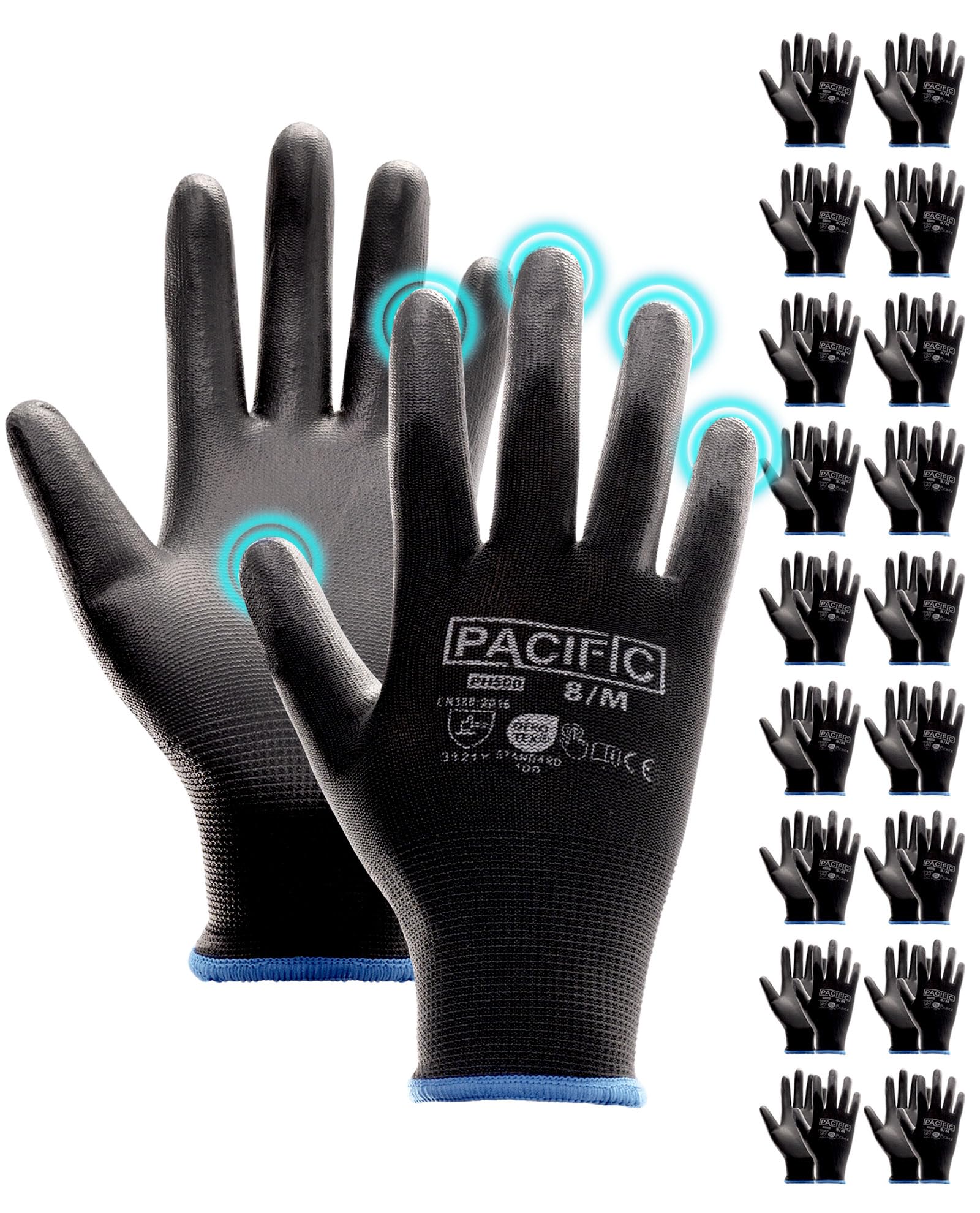 PACIFIC PPE 18 Pairs Work Gloves, PU Coated Seamless Knit Gloves, Black, M