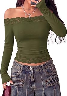 PRETTYGARDEN Blusa de encaje para mujer, con hombros descubiertos, manga larga, acanalada, ajustada, recortada, Y2K, ropa de moda