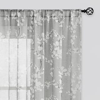 FMFUNCTEX Linen Sheer Curtains for Bedroom, Grey White Blossom Print Curtains 84 Inches Long for Living Room,Floral Patterned Farmhouse Curtain Light Filtering Window Drapes 2 Panels, Rod Pocket