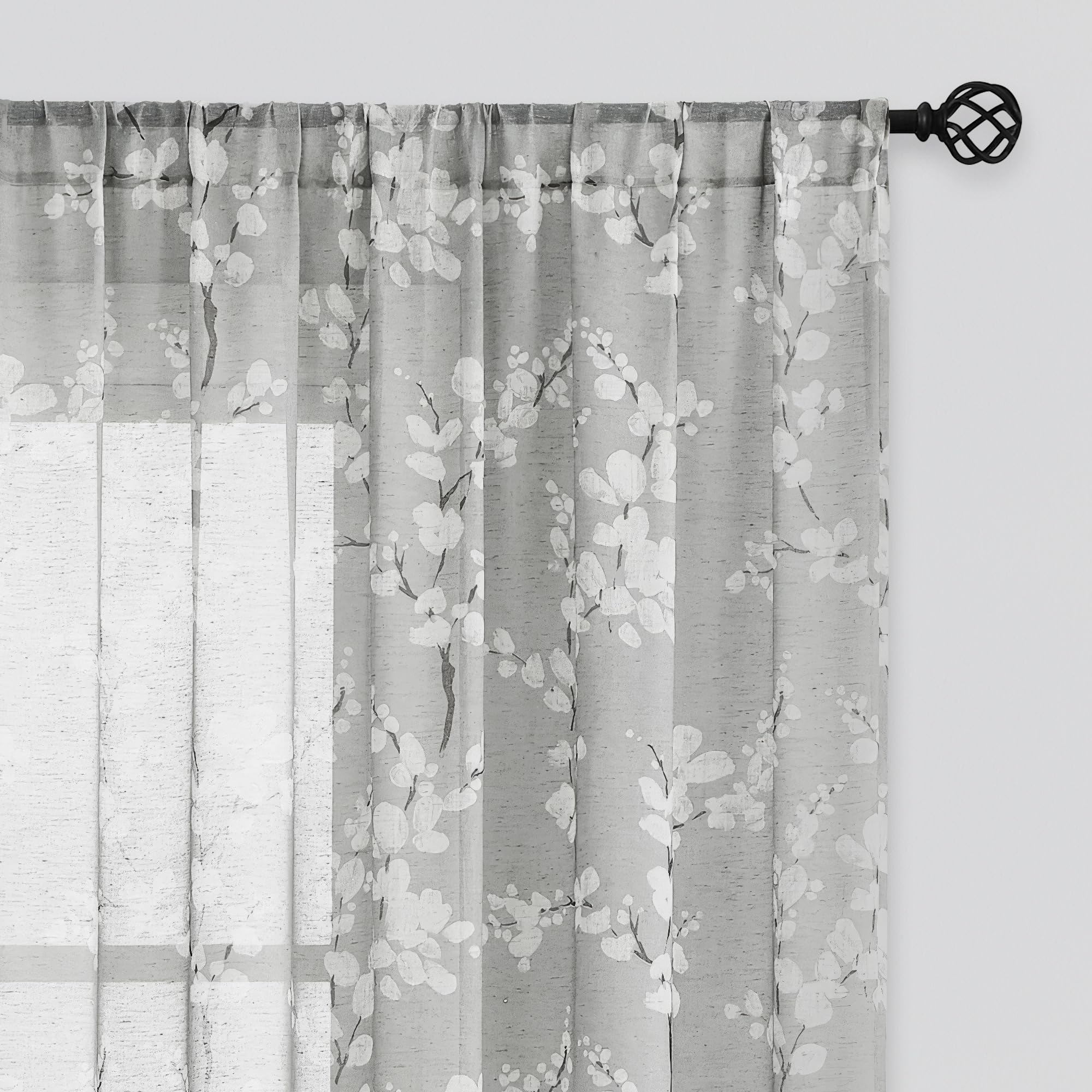 FMFUNCTEX Linen Sheer Curtains for Bedroom, Grey White Blossom Print Curtains 84