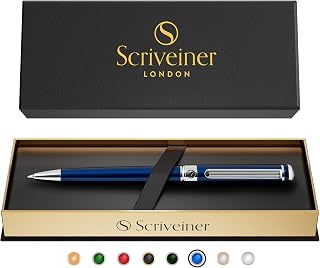 Scriveiner Midnight Blue Ballpoint Pen Midnight Blue Ballpoint Pen Set with Chrome Steel Finish, Refillable and Retractable, Beautiful Gift for Men & Women with Box, Professional Office Accessory