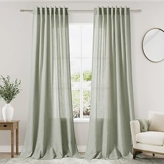 Nanspring Sage Green Semi Sheer Curtains 84 inches Long 2 Panels Reverse Tab Top Rod Pocket Lightweight Airy Linen Textured Curtains for Farmhouse Decor