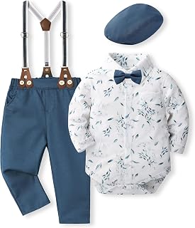 Volunboy Baby Boy Gentleman Set, Plaid Shirt with Bow Tie + Suspenders Pants 4 Pieces Suit Clothes