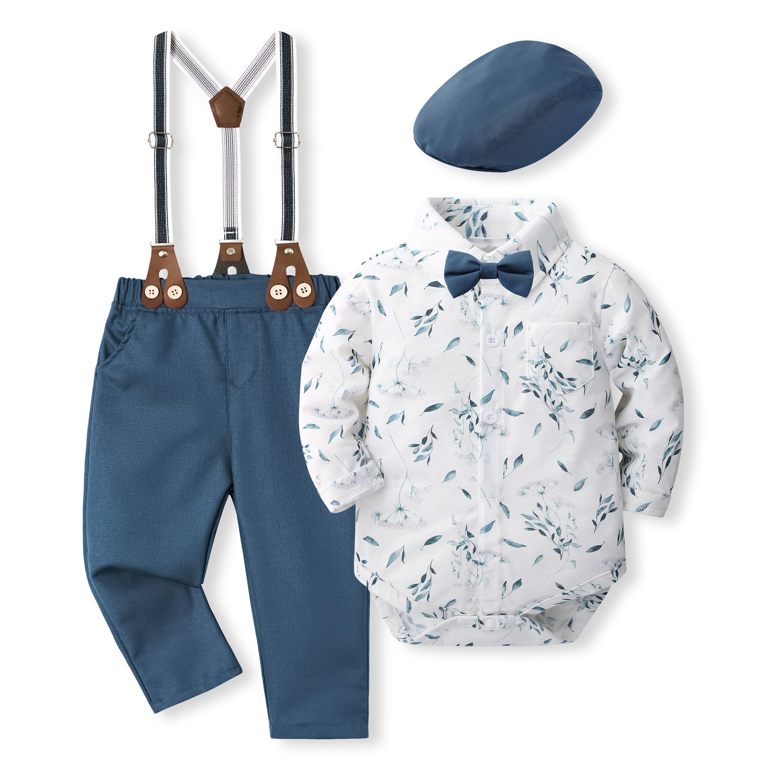Volunboy Baby Boy Gentleman Set, Plaid Shirt with Bow Tie + Suspenders Pants 4 P