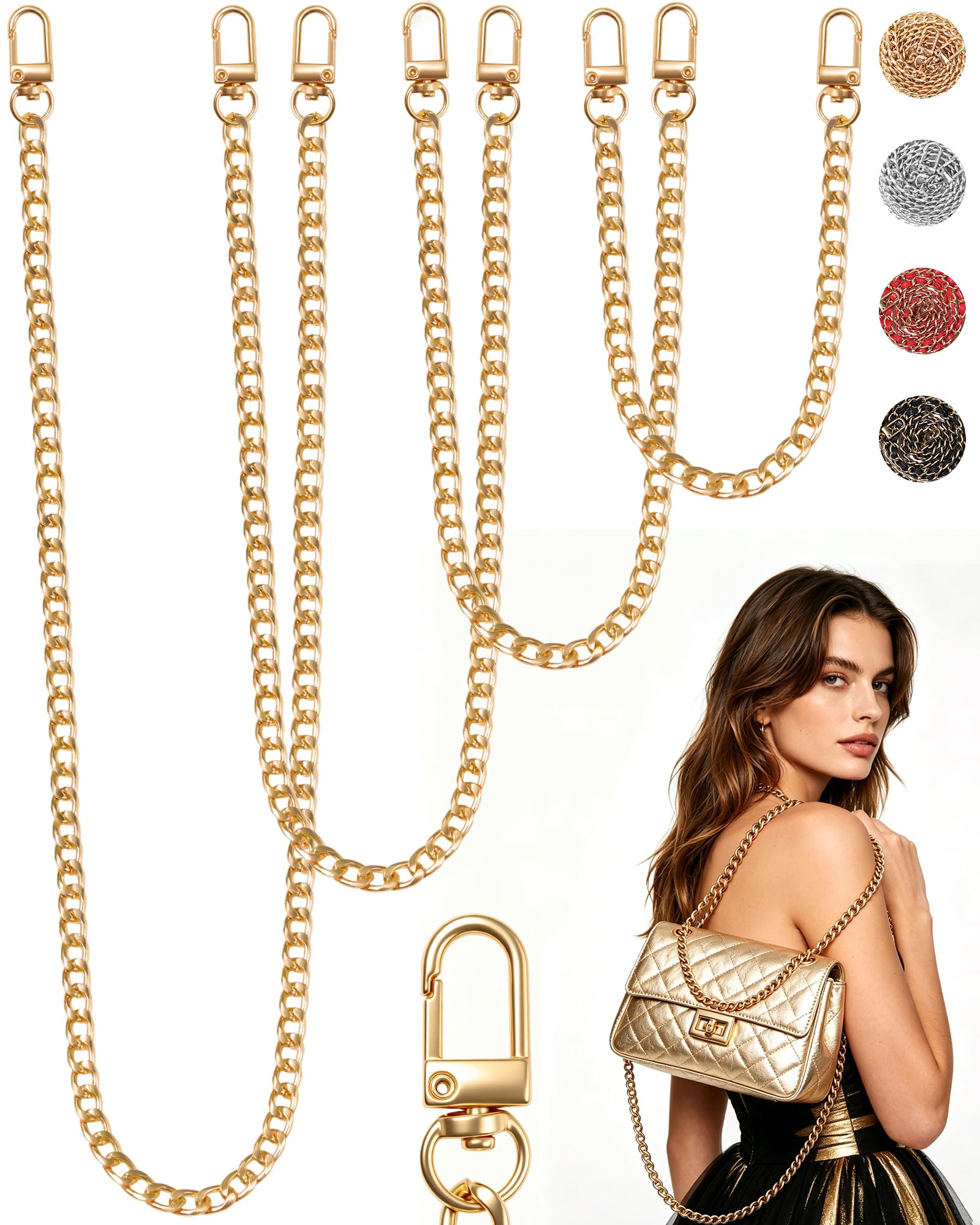 FIVEIZERO 4 Sizes Rose Gold Purse Chain, Flat Gold Bag Chain | Metal Strap Exten