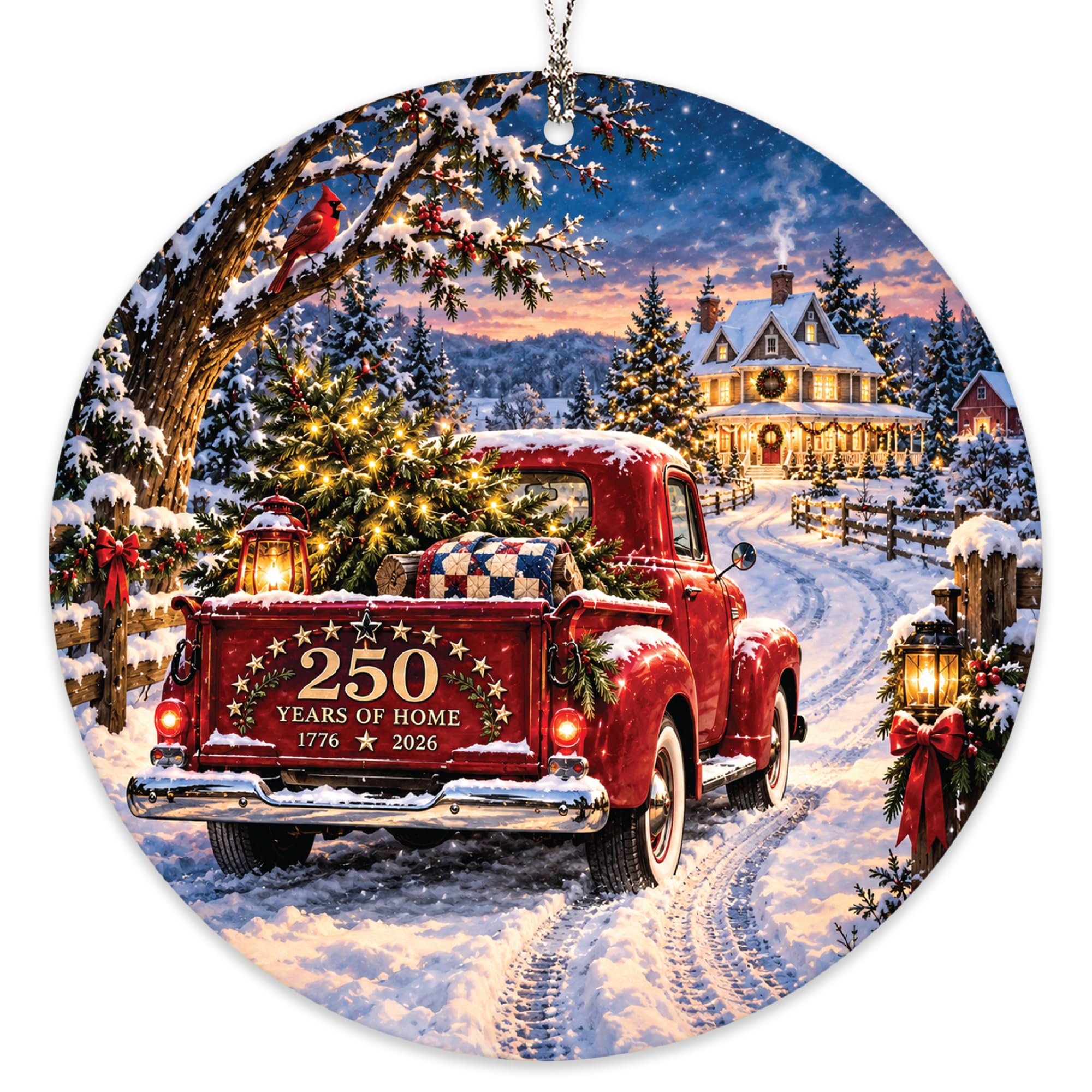 USA 250th Anniversary Christmas Ornament - Vintage Red Truck Ornament 1776-2026 
