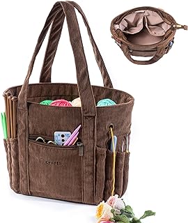 Large Yarn Tote Organizer – Corduroy Knitting Storage Holder for Yarn, Hooks &amp; Accessories, Portable Craft Carryall for Crocheting Lovers, Mother’s Day Gift